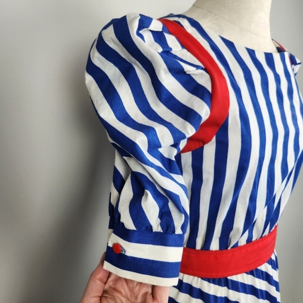 Vintage 100% Cotton Coastal Midi Dress Stripped Fits Medium Size 9 Pin Up Retro - Picture 5 of 15